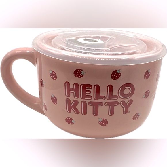 Silver Buffalo Hello Kitty Strawberries 25oz Ceramic Soup Mug with Vented Lid - Picture 2 of 4